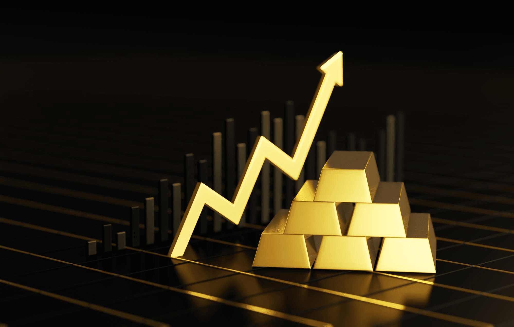 Gold bricks stacked with upward arrows.